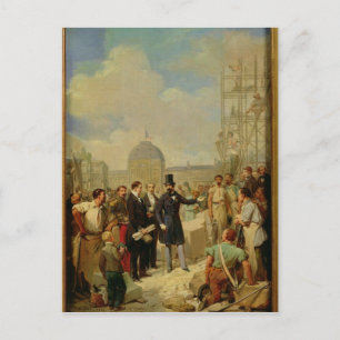 Postal Napoleón III Visitando las Obras en el Louvre
