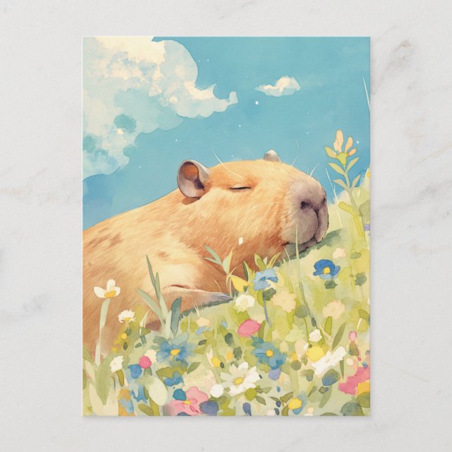 Postal Napping Capybara in Colorful Wildflower Meadow (Anverso)