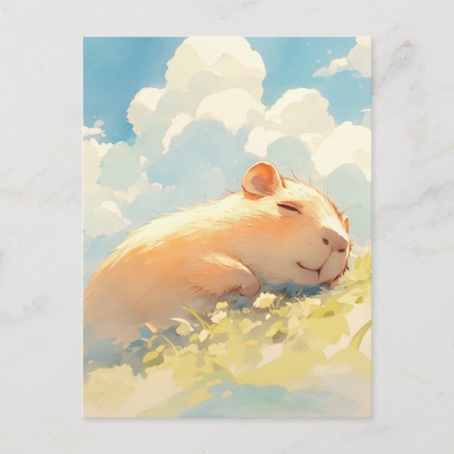 Postal Napping Capybara in Sunny Green Meadow with Clouds (Anverso)