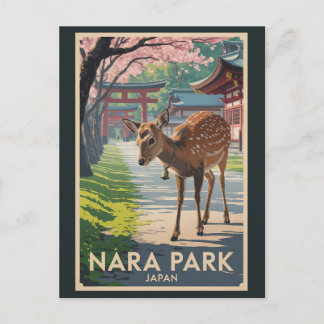 Postal Nara Park Japan Deer Illustration Travel Art Retro