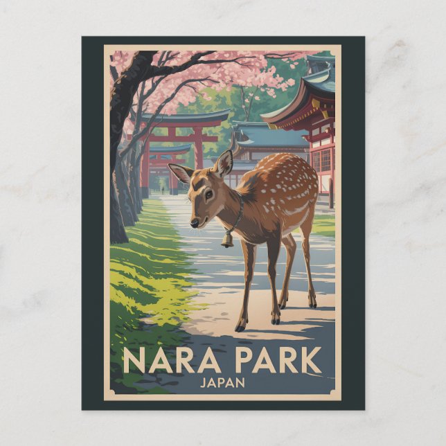 Postal Nara Park Japan Deer Illustration Travel Art Retro (Anverso)