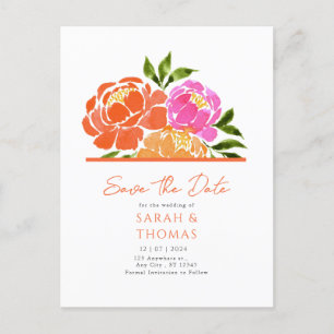 Postal Naranja acuarela de color rosa caliente Floral Gua