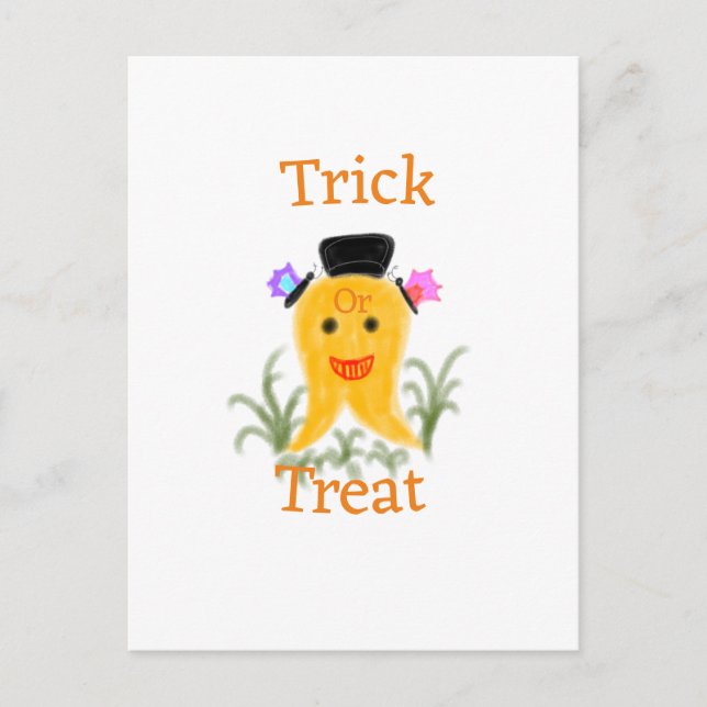 Postal Naranja amarillo Halloween Fantasma truco o regalo (Anverso)