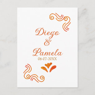 Postal naranja amarillo rústico pareja de novios españole