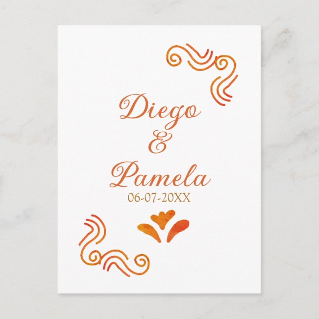 Postal naranja amarillo rústico pareja de novios españole (Anverso)