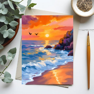 Postal Naranja Beach Sunset   Pintura costera