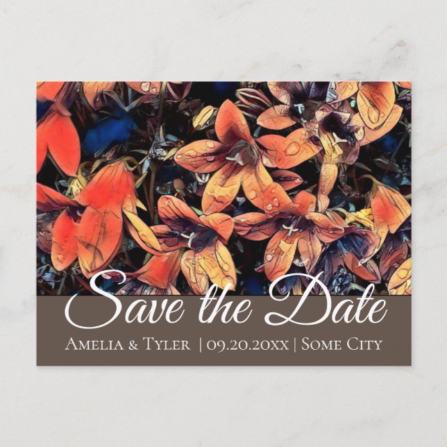 Postal Naranja Bellflowers Bodas Florales Save the Date (Anverso)