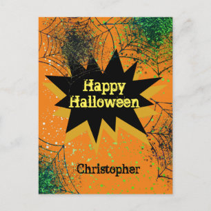 Postal Naranja Black Spiderweb Happy Halloween