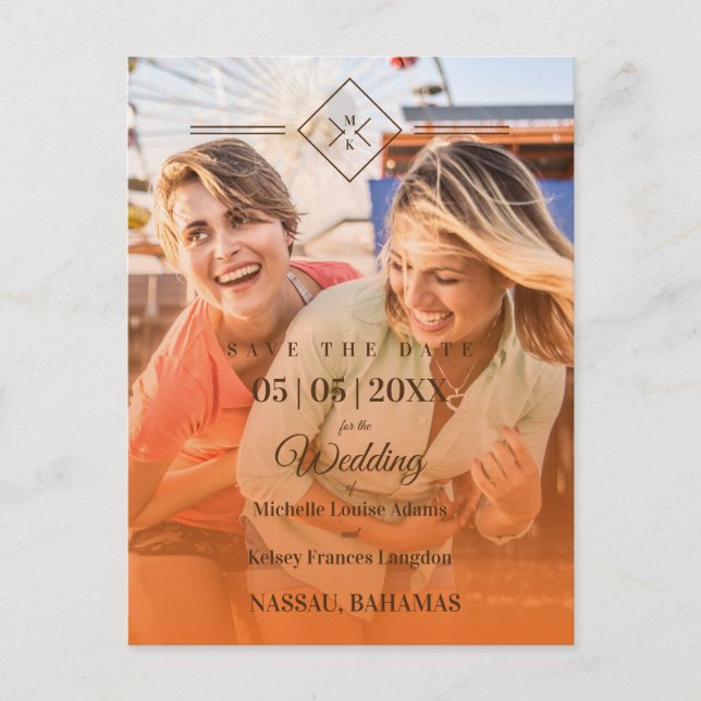 Postal Naranja Boda de destino Boda lesbiana gay (Anverso)