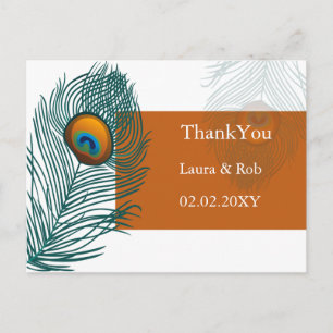 Postal naranja boda de pavo real Gracias