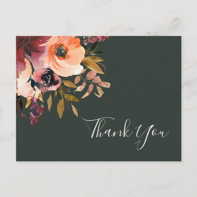 Postal Naranja Borgoña Floral | Boda Verde Gracias (Anverso)