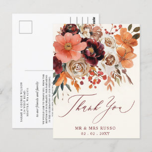 Postal Naranja Borgoña Floral Fall Wedding Gracias