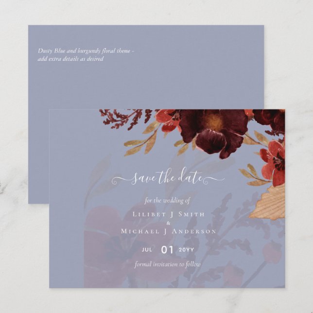 Postal Naranja Borgoña  otoño Boda floral (Anverso / Reverso)