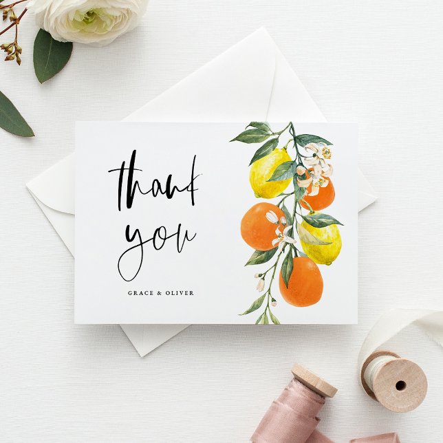 Postal Naranja botánico y Boda limón Gracias (Botanical Orange and Lemon Wedding Thank You Postcard)