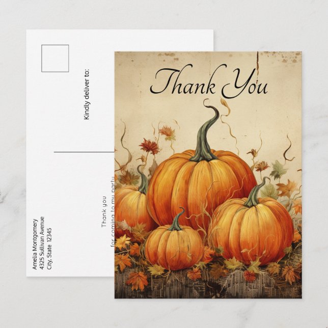 Postal Naranja Calabazas Rustic Otoño Gracias (Anverso / Reverso)