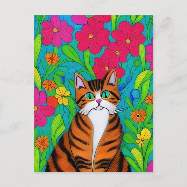 Postal Naranja caprichoso gato rayado con flores rosas (Anverso)