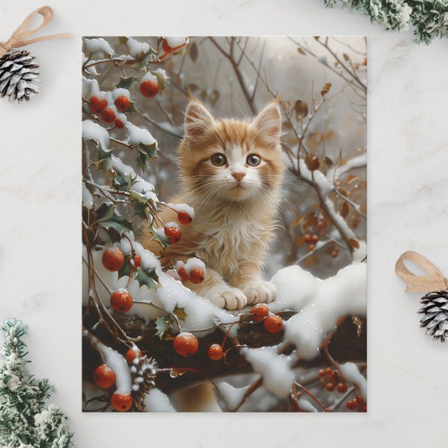 Postal Naranja Cat Winter Berries Vintage (Subido por el creador)