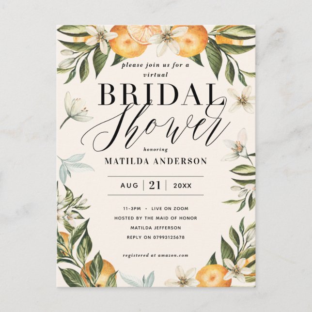 Postal Naranja Citrus flom fiesta de ducha de novia virtu (Anverso)