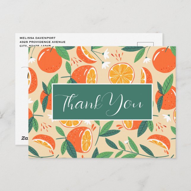 Postal Naranja Citrus Fruit Retro Pattern Gracias (Anverso / Reverso)