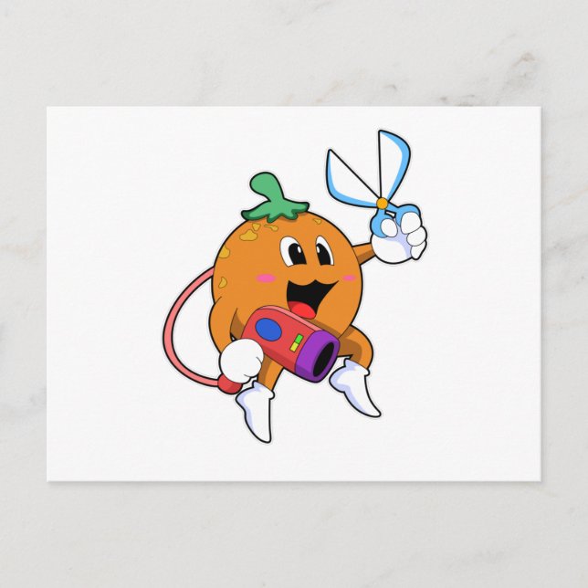 Postal Naranja como peluquera con tijeras y secador (Anverso)