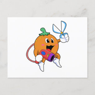 Postal Naranja como peluquera con tijeras y secador de pe
