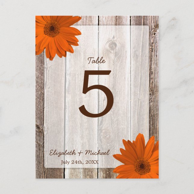 Postal Naranja Daisy Rustic Barn Wood Boda Número de tabl