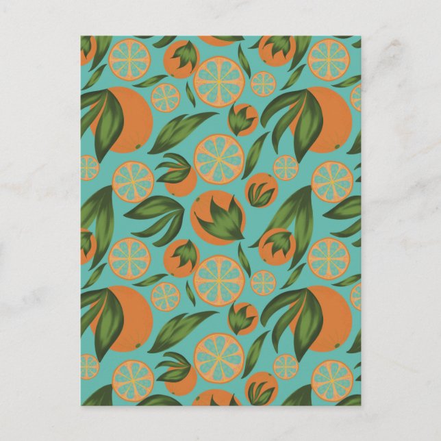 Postal Naranja de acuarela Patrón Botánico Turquesa (Anverso)