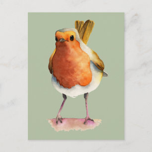 Postal Naranja de Cuadros Robin Bird Watercolor Art
