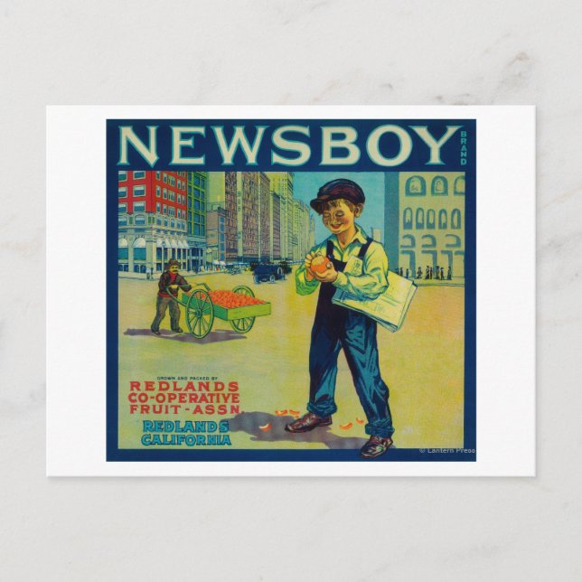 Postal Naranja de Newsboy LabelRedlands, CA (Anverso)