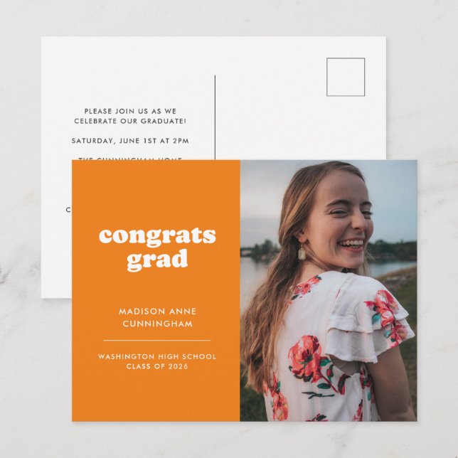 Postal Naranja Felicitaciones Grad Photo Graduation Invit (Anverso / Reverso)