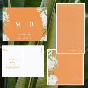 Postal Naranja floral blanco Monograma Boda Guardar fecha