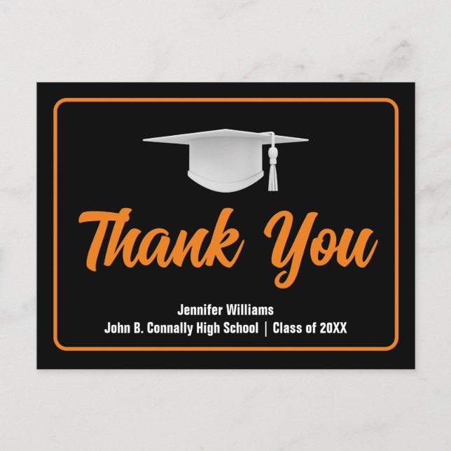 Postal Naranja Graduado Personalizado de Graduación Negra (Anverso)