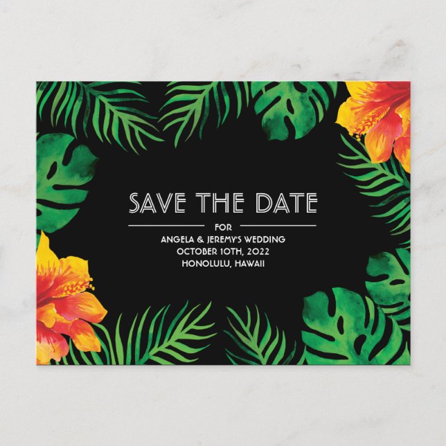 Postal Naranja Hibiscus Tropical Save the Date (Anverso)