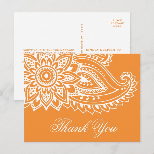 Postal Naranja Indian Paisley Gracias (Anverso / Reverso)