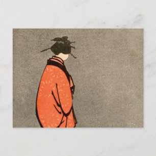 Postal Naranja japonés de la mujer del kimono del vintage
