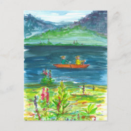 Postal Naranja Kayak Mountain Watercolor