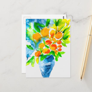 Postal Naranja kumquat frutal arte acuarela