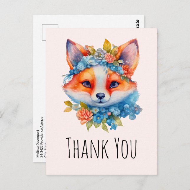 Postal Naranja lindo Fox con corona floral gracias (Anverso / Reverso)