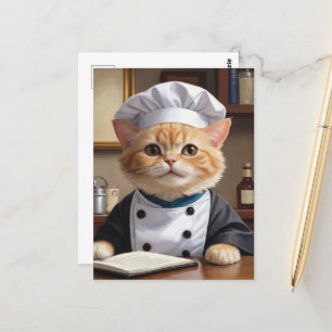 Postal Naranja lindo Tabby Cat Chef Cocinar Ilustracion