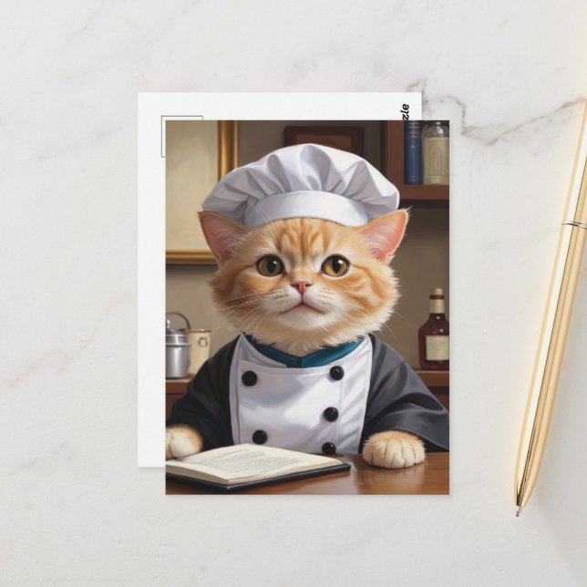 Postal Naranja lindo Tabby Cat Chef Cocinar Ilustracion (Anverso/Reverso In Situ)