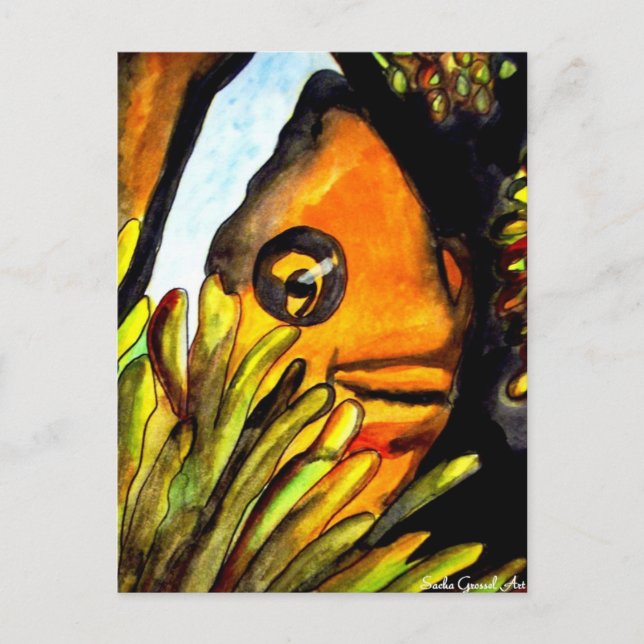 Postal Naranja Payaso Pescado acuarela pintura original (Anverso)