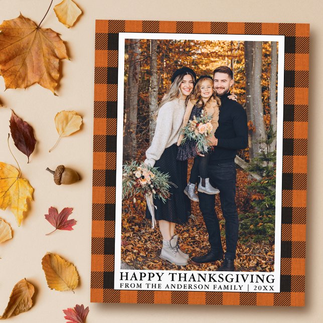 Postal Naranja Plaid Family Photo Happy Thankending (Customize to change text size or text style.)