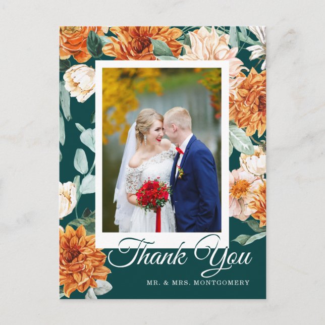 Postal Naranja quemado verde azulado Boda de otoño floral (Anverso)
