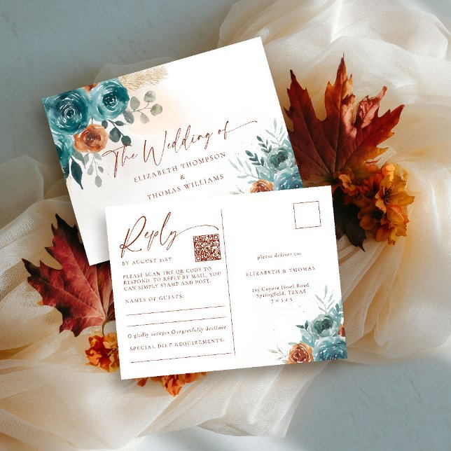 Postal Naranja Quemado Verde azulado Boho Romántico Códig (fall in love wedding reply rsvp postcard meal teal burnt orange terracotta watercolor floral botanic)