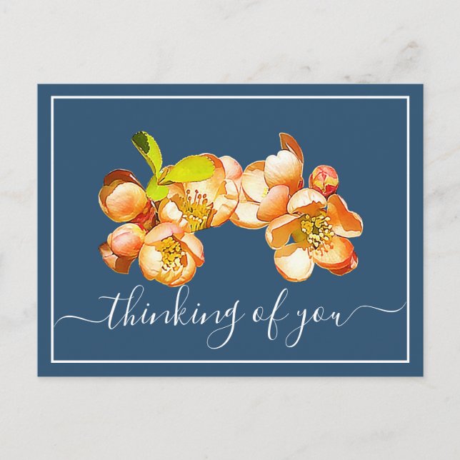 Postal Naranja Quince Fondo Azul Pensando En Ti (Anverso)