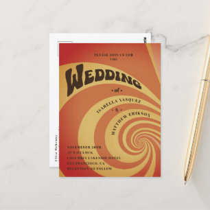 Postal Naranja Retro 70 Boda de código QR amarillo