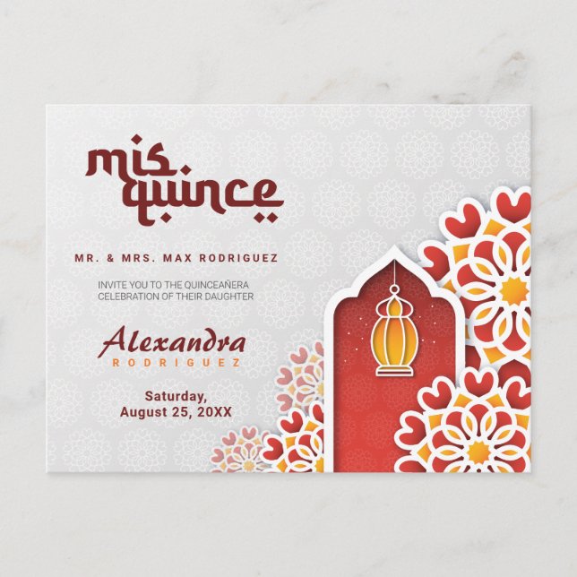 Postal Naranja Rojo Flor Amarilla Noche Arábiga Quinceañe (Anverso)