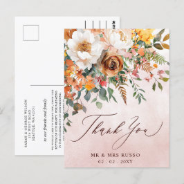 Postal Naranja Rústico Floral Fall Wedding Gracias