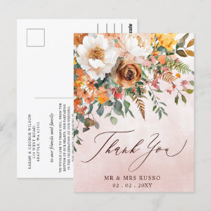 Postal Naranja Rústico Floral Fall Wedding Gracias