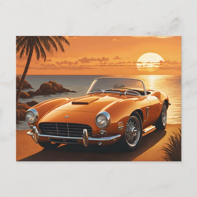 Postal Naranja Sportscar Sunset Tropical Beach (Anverso)